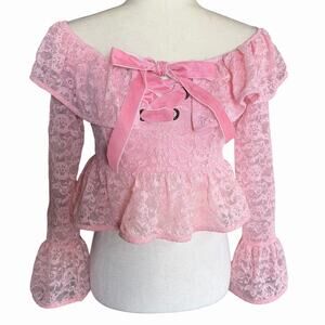 Tunnel Vision Off The Shoulder Pink Lace Blouse Small Ribbon Lace Front Ruffle